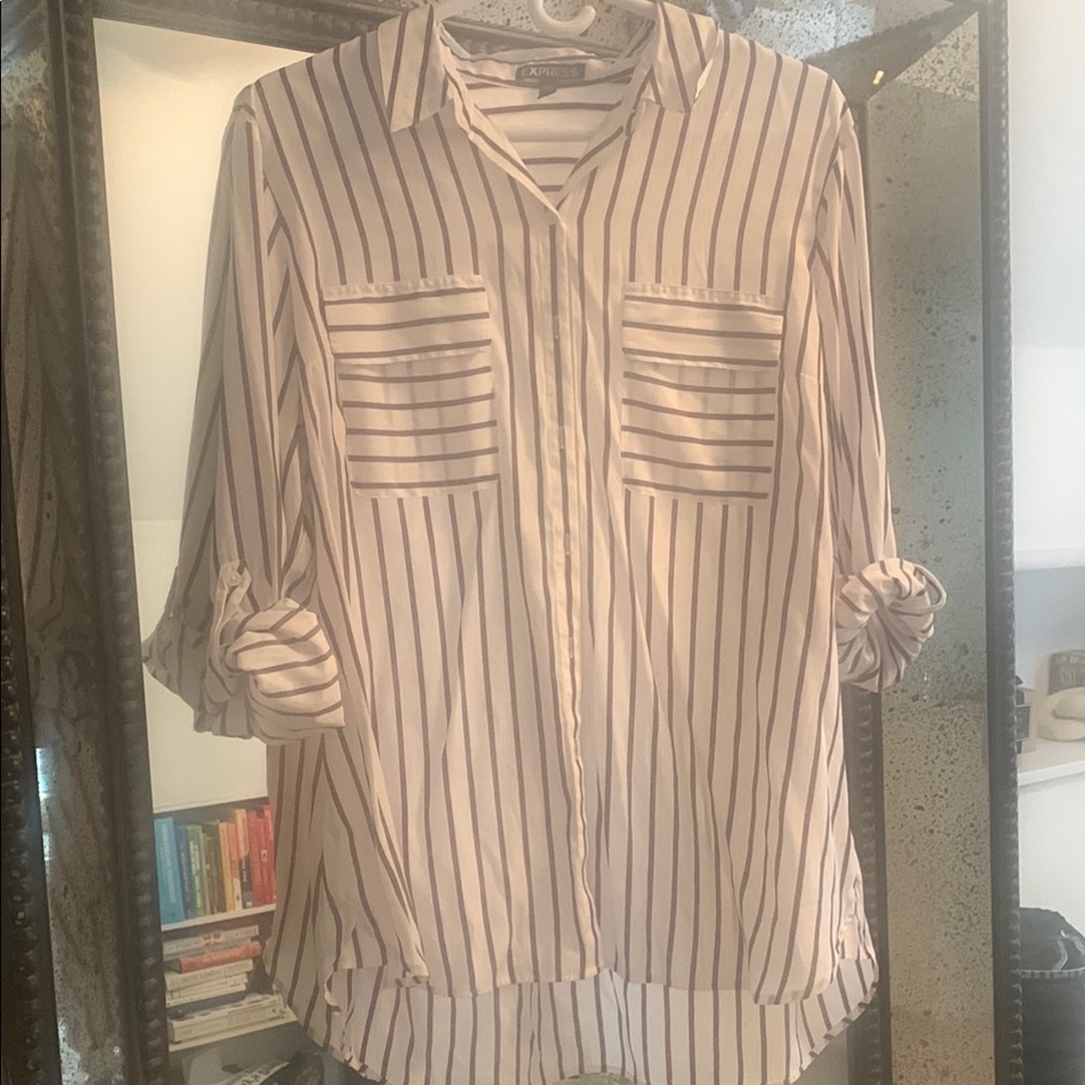 Express Striped Button-Up Blouse - White and Black